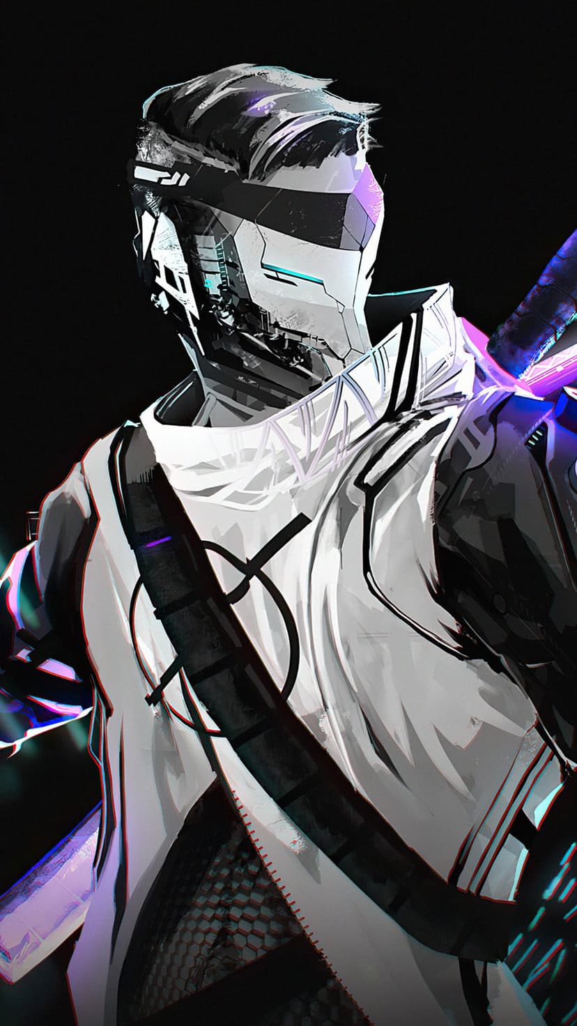 Cybernetic warrior wearing a glowing blue visor and a white tactical vest with an X symbol against a dark void.