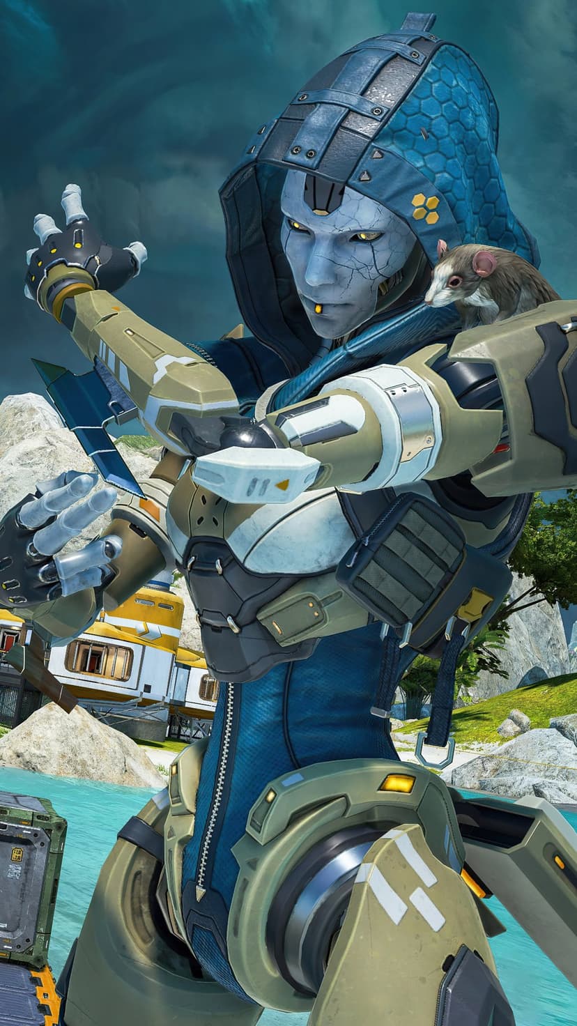 Ash from Apex Legends with a small rat on her shoulder, wearing blue and green armor in a tropical island setting.