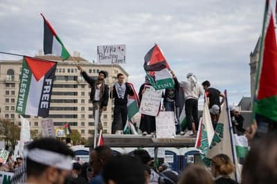 Pro-Palestine protest with flags and signs