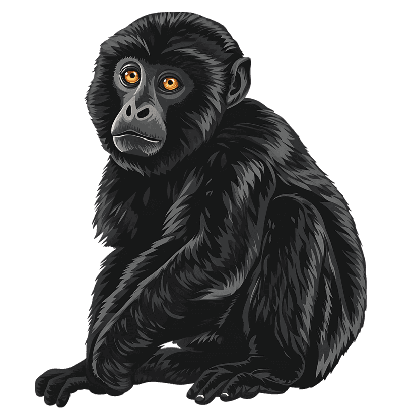 Black monkey illustration with orange eyes and detailed charcoal fur sitting in a centered front profile view.