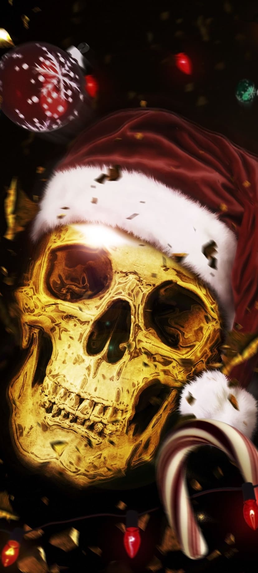 Golden skull in a red Santa hat surrounded by floating candy canes, glowing red lights, and gold confetti.