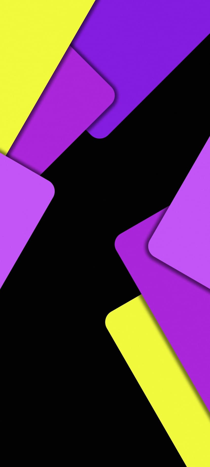 Purple and yellow rounded rectangles and triangles overlap with soft shadows against a solid black background.