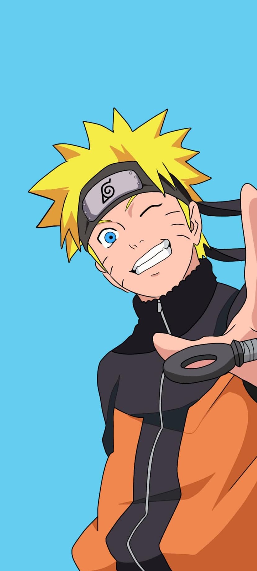 Naruto Uzumaki winks and holds a metallic shuriken against a solid blue backdrop in his orange ninja gear.