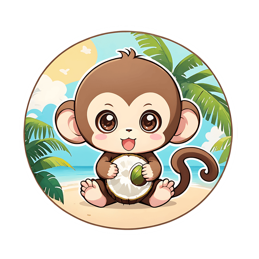 Brown monkey sticker illustration seated on a beach holding a coconut with palm trees and a bright sun.