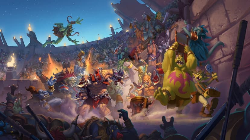 Trolls and goblins engage in a chaotic arena battle with vibrant colors and dynamic action poses.