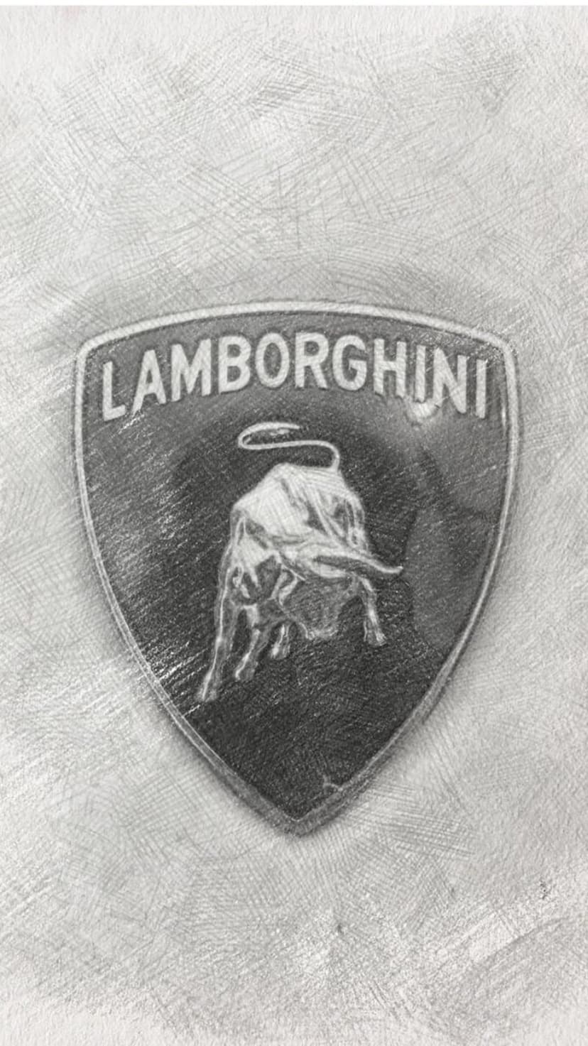 Charging bull emblem with Lamborghini lettering rendered in graphite pencil on textured off-white paper.