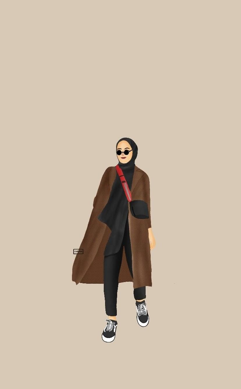 Woman in a hijab and checkered trench coat wearing sunglasses and a red bag against a tan background.