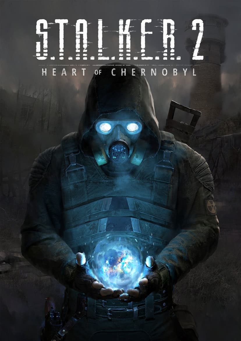 Survivor in a hooded gas mask holding a glowing blue energy orb in a misty, dark radioactive wasteland landscape.
