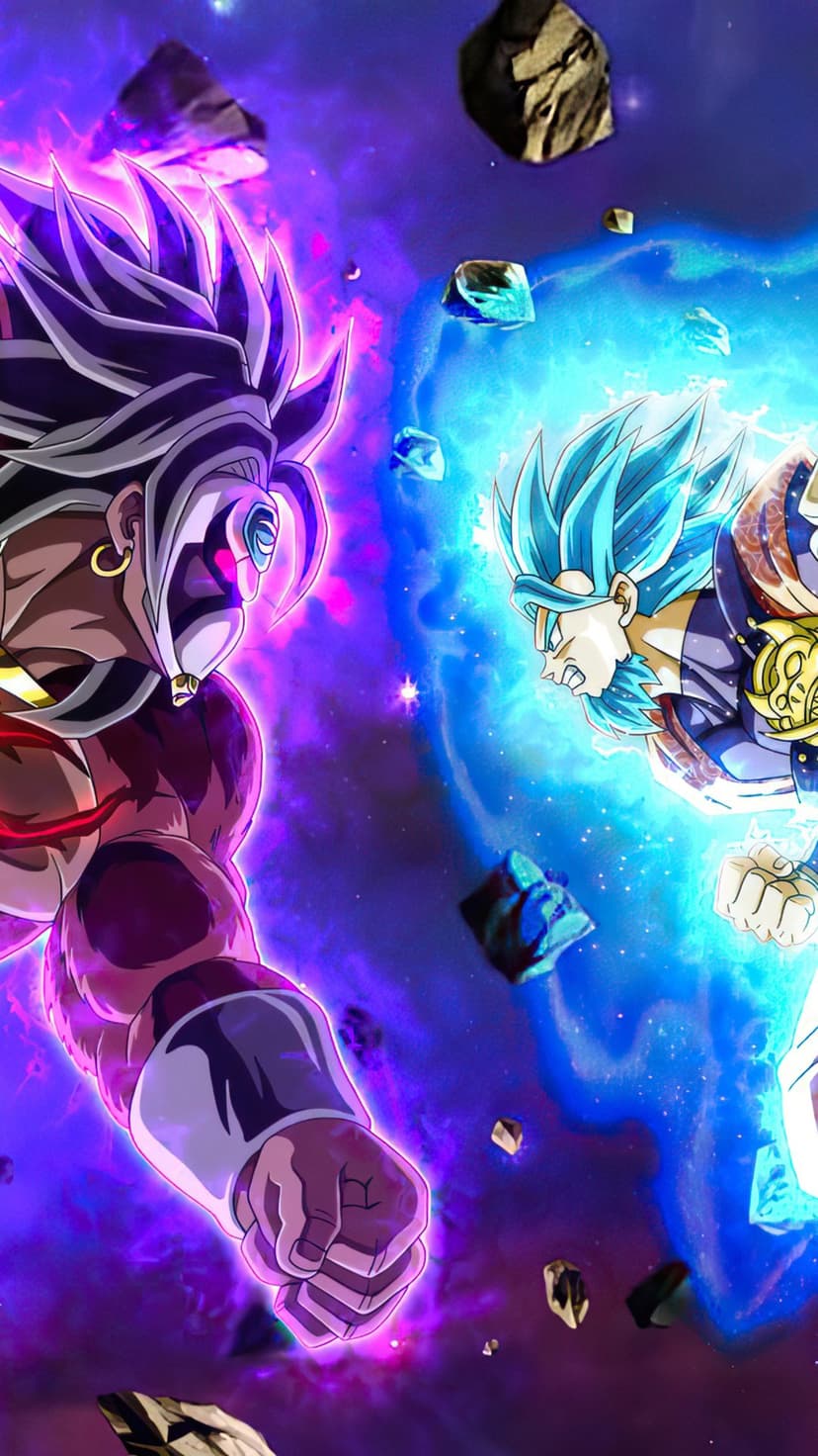 Two muscular warriors face off with glowing purple and blue auras amidst floating asteroids in deep space.