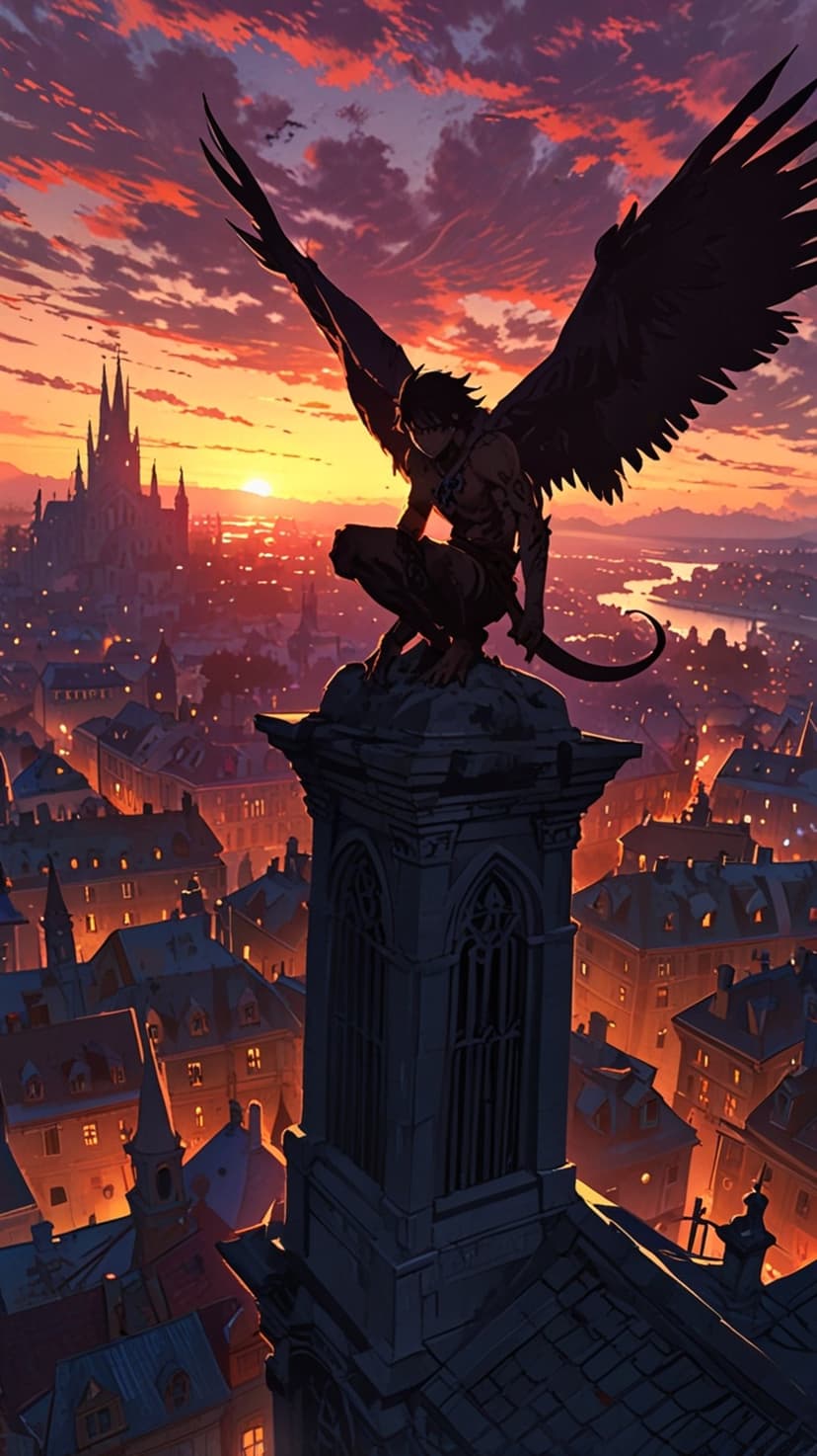 Demon angel with black wings perches on a gothic spire overlooking a city during a fiery orange sunset.