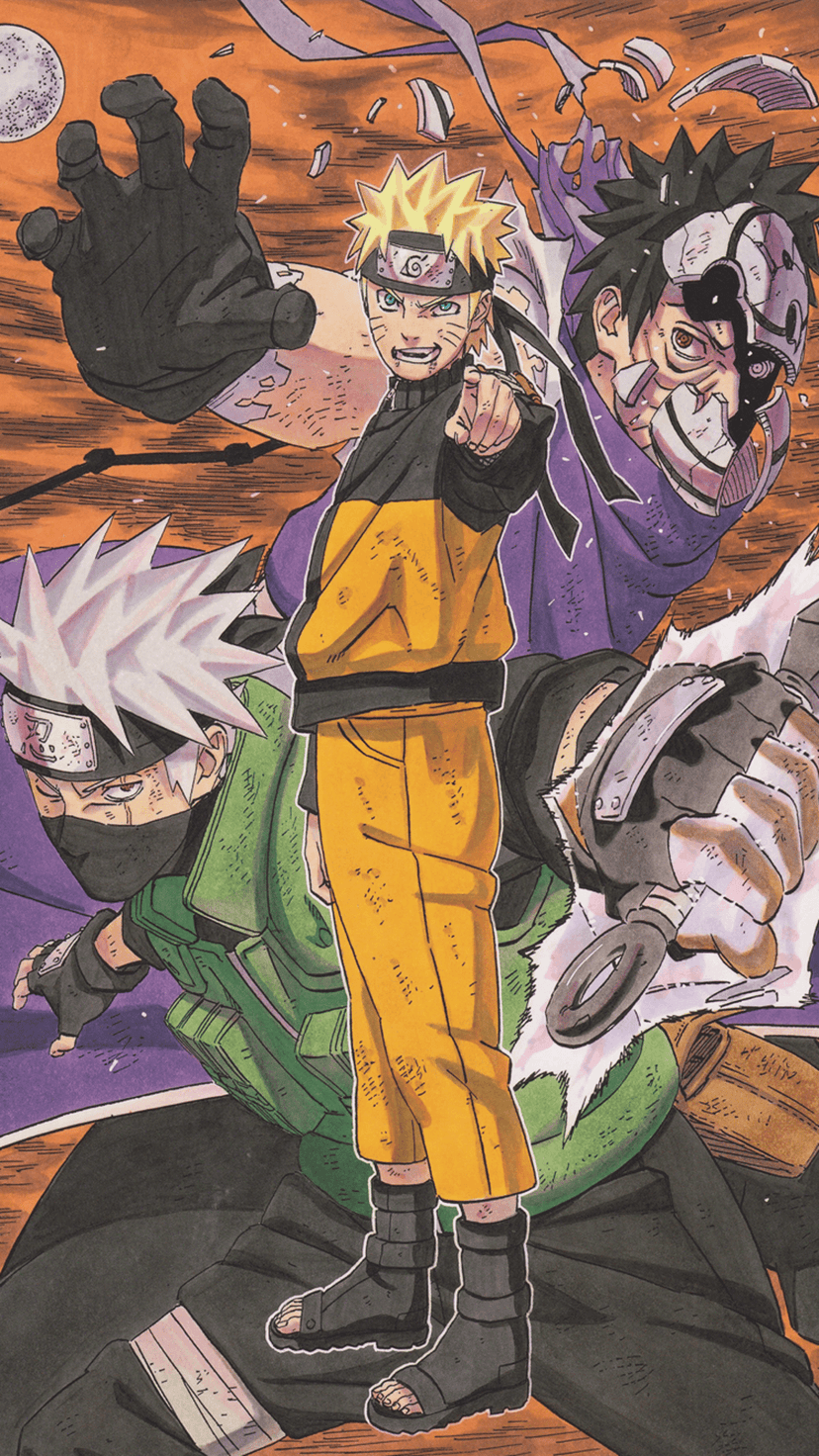 Naruto Uzumaki points forward while Kakashi Hatake and masked Obito Uchiha stand amidst a debris-filled orange sky.
