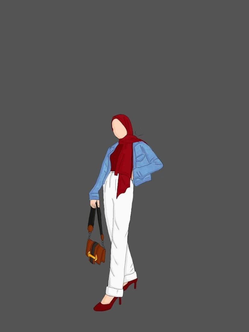 Woman wearing a red hijab, blue denim jacket, white trousers, and red heels while holding a designer handbag.