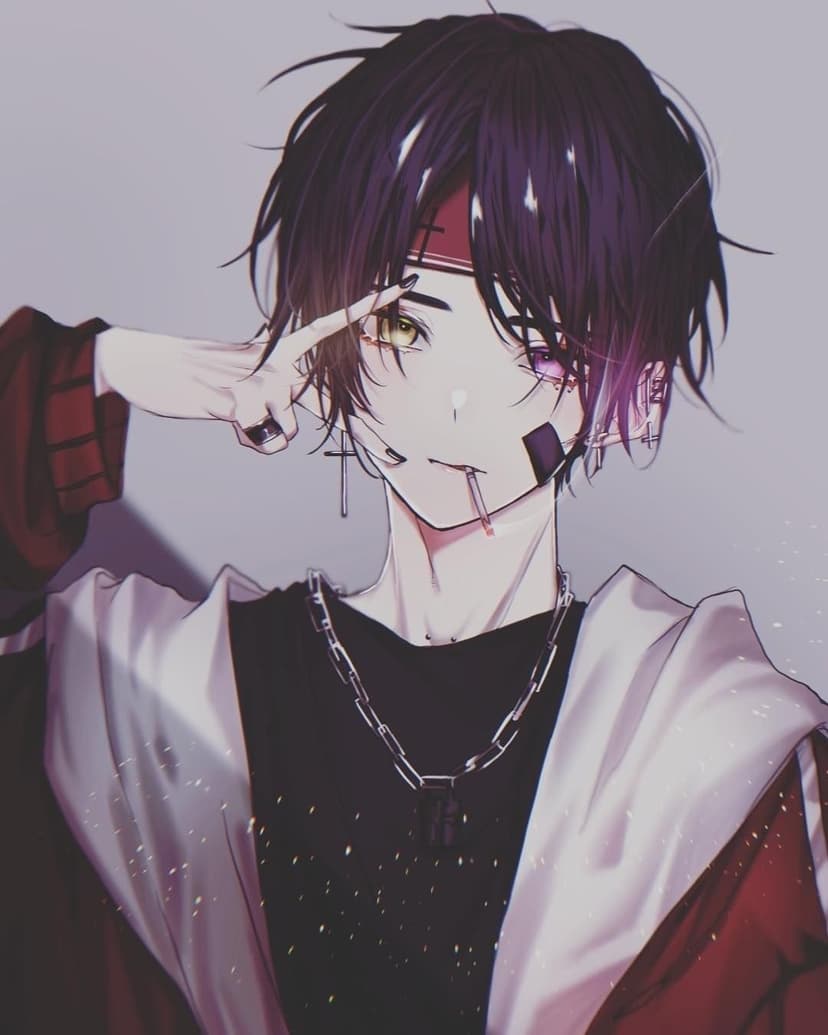Anime boy with heterochromia, dark messy hair, red bandana, and facial bandages wearing a silver chain necklace.
