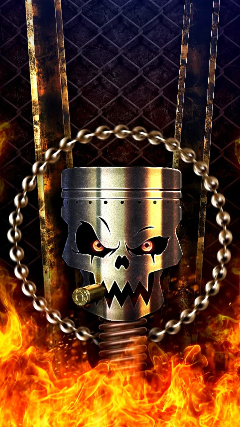 Piston skull with glowing orange eyes clenching a bullet in its teeth, surrounded by fire and heavy chains.