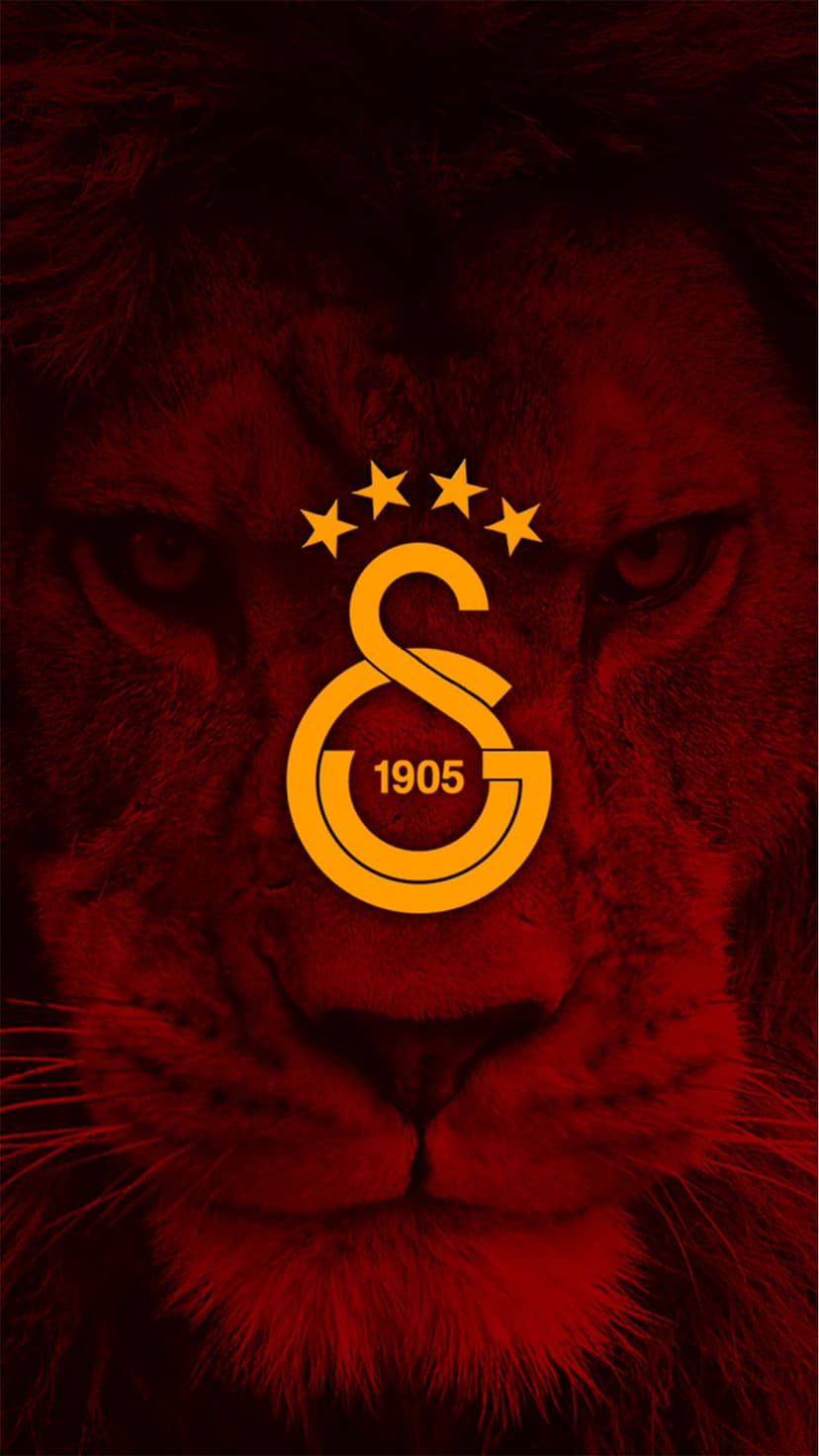 Galatasaray SK logo with four gold stars and 1905 text superimposed over a dark red lion face silhouette.