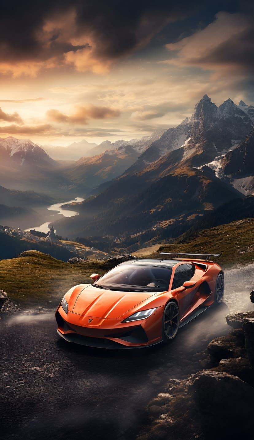 Orange sports car driving on a winding road through a steep mountain valley under a dark, moody sky.