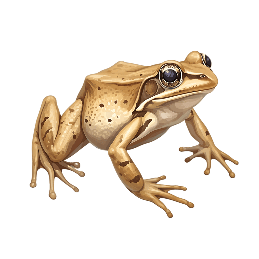 Brown frog realistic illustration with dark eyes and speckled skin crouched against a solid black background.