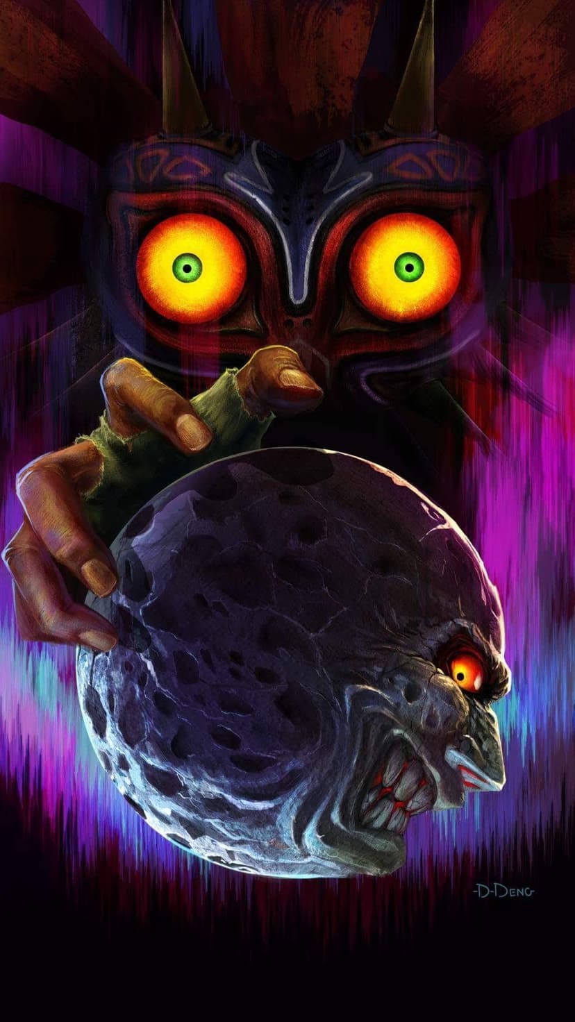 Majora's Mask with glowing eyes floats before a menacing skull-faced moon amidst purple and pink light streaks.