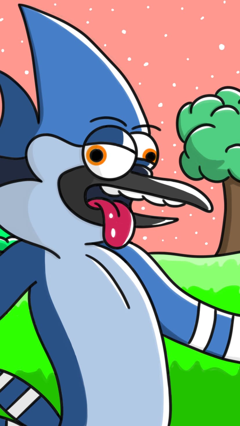 Mordecai the blue jay makes a silly face with wide orange eyes and a pink tongue against a pastel sky background.