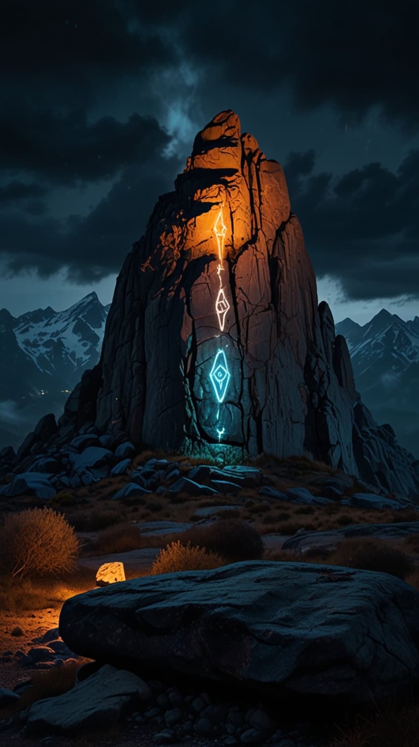 Towering rock etched with glowing orange and blue symbols stands amidst dark mountains under a cloudy night sky.