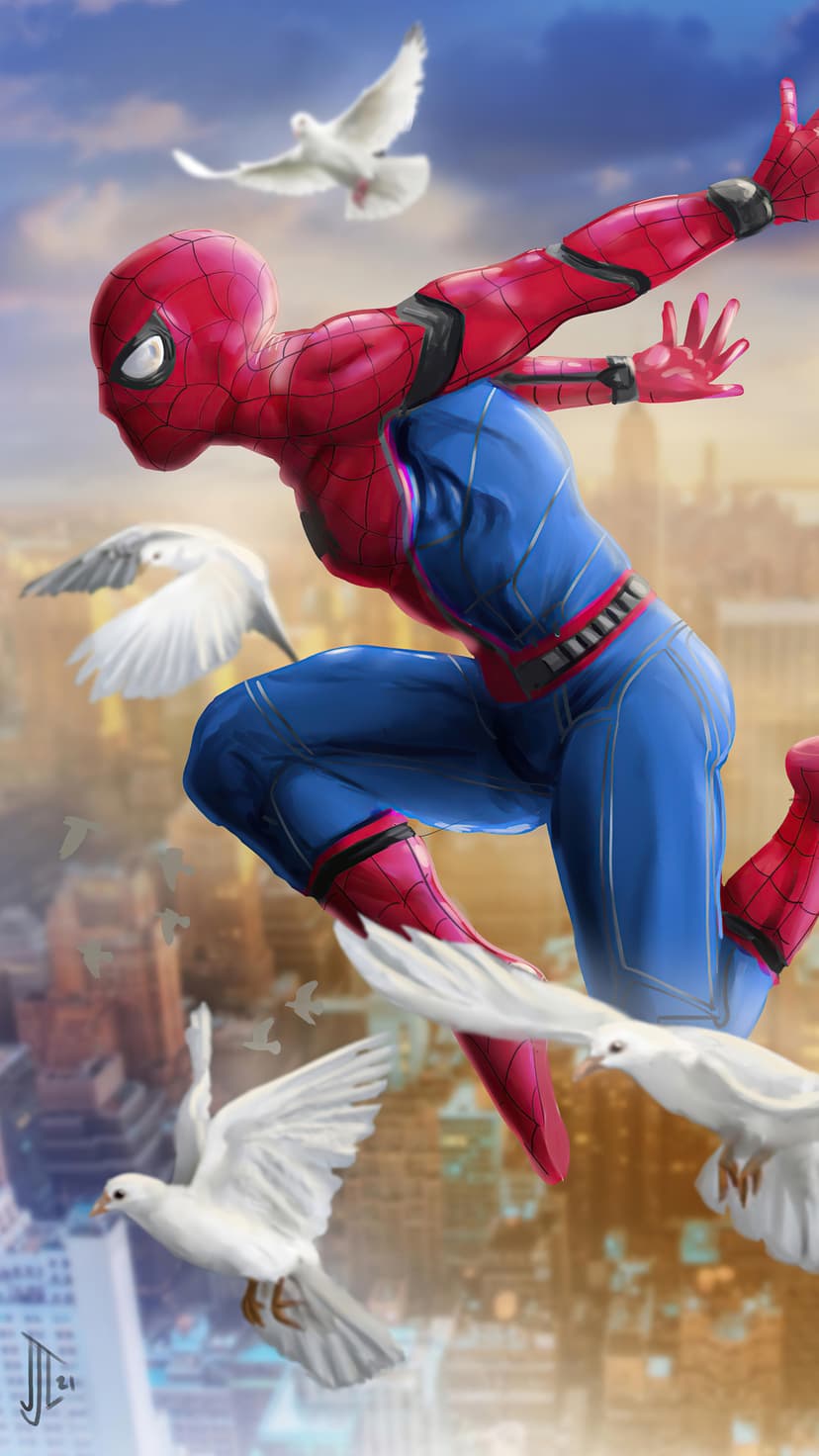 Spider-Man mid-leap through a golden hour skyline surrounded by white doves above a blurred city background.