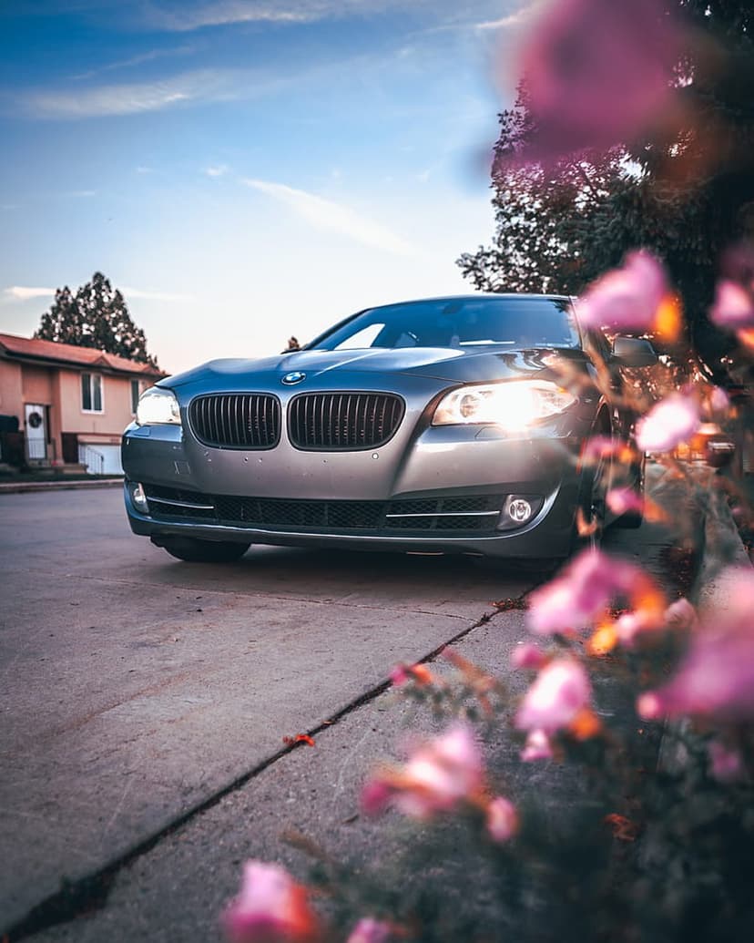 Silver BMW sedan with glowing headlights parked on a street near pink flowers under an orange sunset sky.