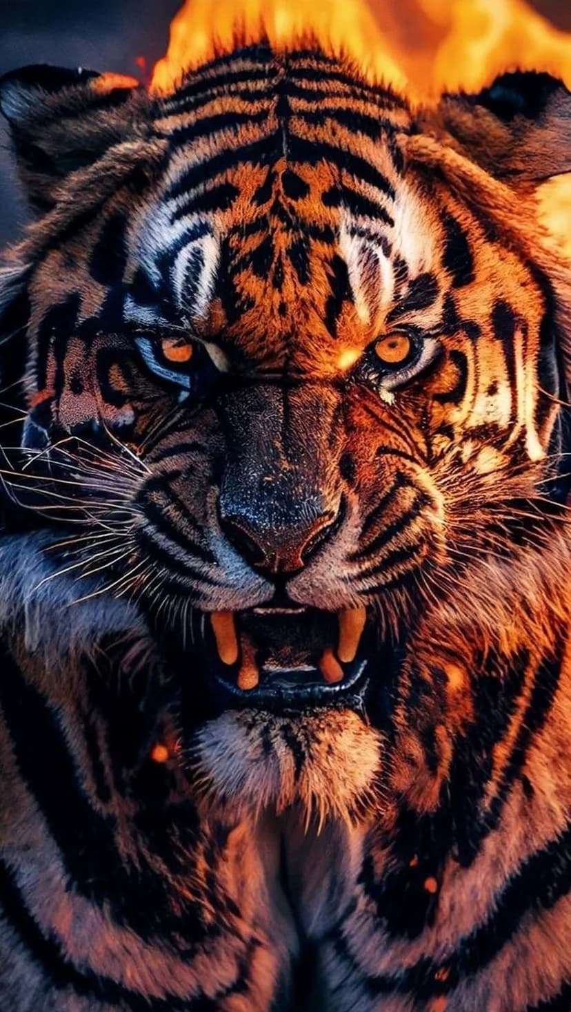 Tiger baring its teeth with a mane of orange flames and glowing eyes, viewed as a close-up portrait in the heat.