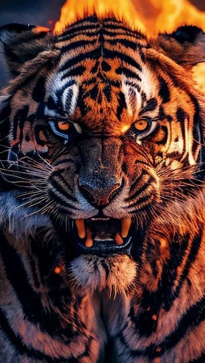 Fierce Tiger Face with Fiery Mane, Intense Orange Eyes