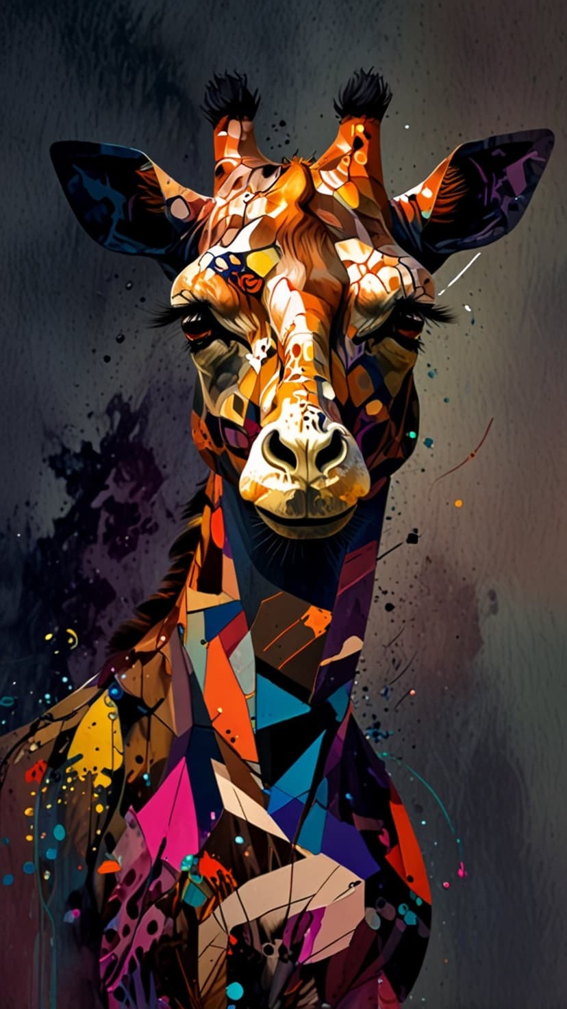 Giraffe head composed of colorful geometric shapes and paint splatters against a dark textured background.