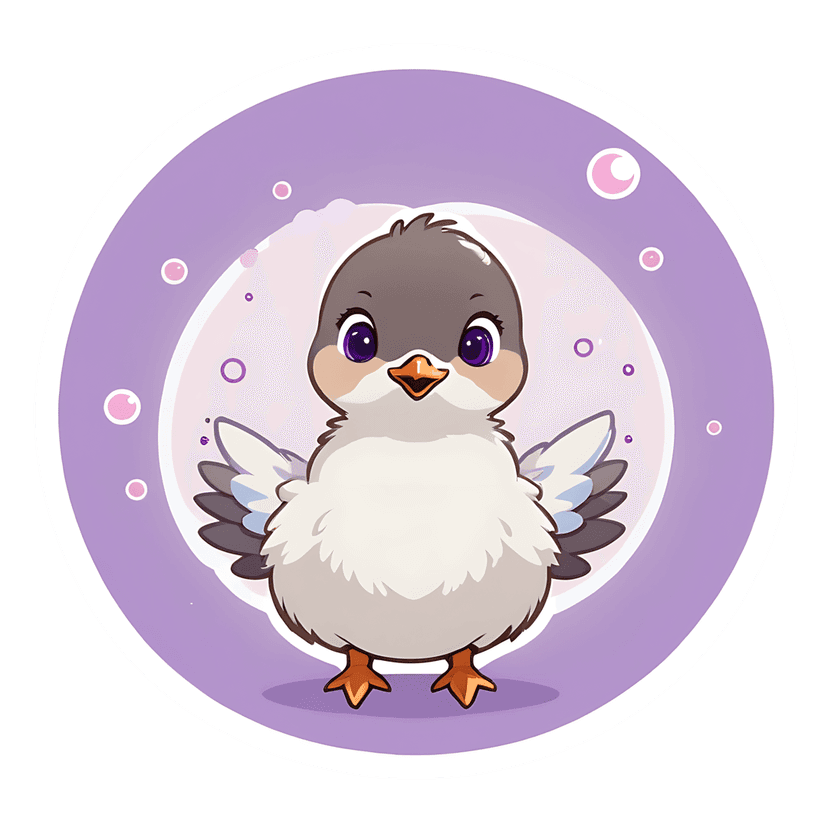 Purple baby bird sticker illustration shows a fluffy chick with grey feathers and orange beak inside a frame.