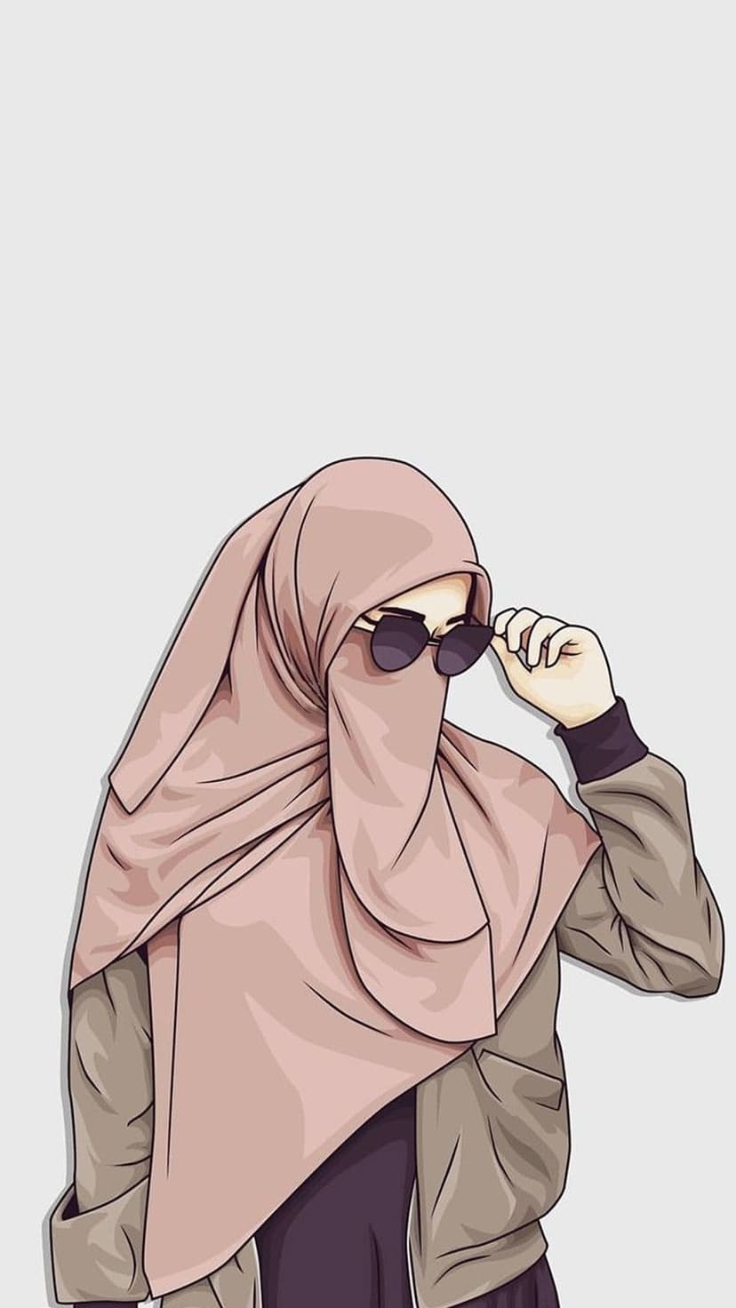 Muslim woman wearing a pink hijab, niqab, sunglasses, and a brown jacket against a neutral backdrop.