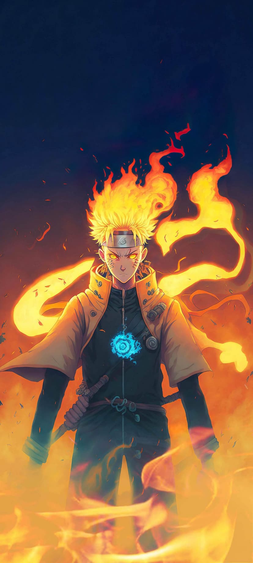 Naruto Uzumaki in Sage Mode with glowing orange eyes and a blue chest seal, surrounded by swirling orange flames.