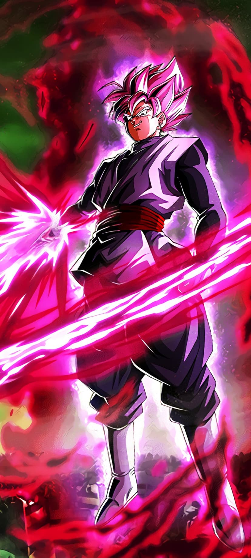 Goku Black in Super Saiyan Rosé form with pink hair and a magenta aura charging a glowing dark energy blast.