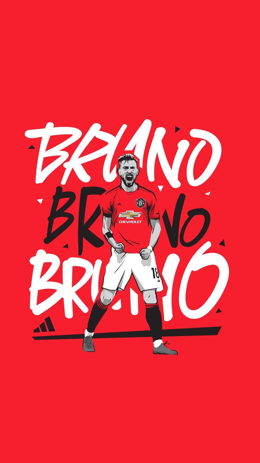 Bruno Fernandes clenches his fists while shouting against a red backdrop with repeating white text and Adidas logo.