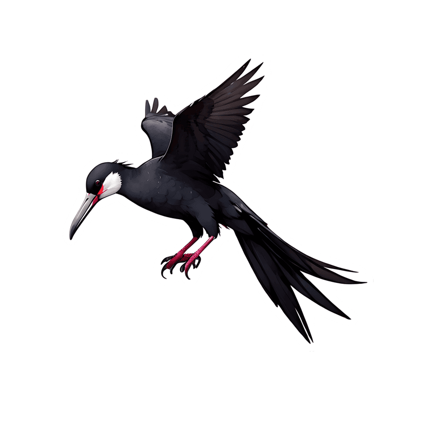 Black skimmer bird sticker in flying pose with outstretched wings, red beak, and a thick white outer stroke.