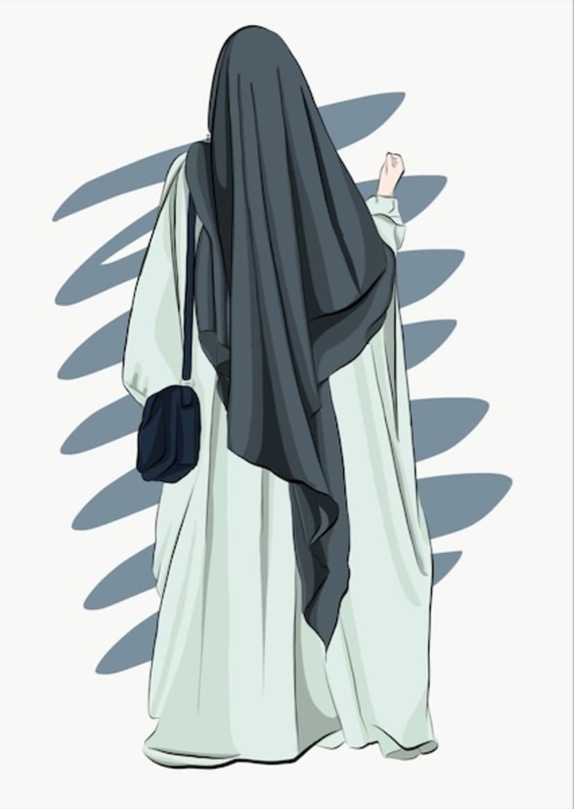 Woman wearing a light-colored abaya and dark hijab with a crossbody bag stands against abstract shadow shapes.