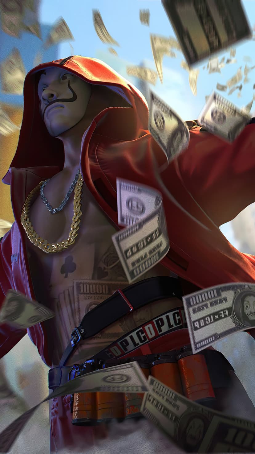 Masked person in a red hoodie with chest tattoos and gold chains surrounded by falling dollar bills.
