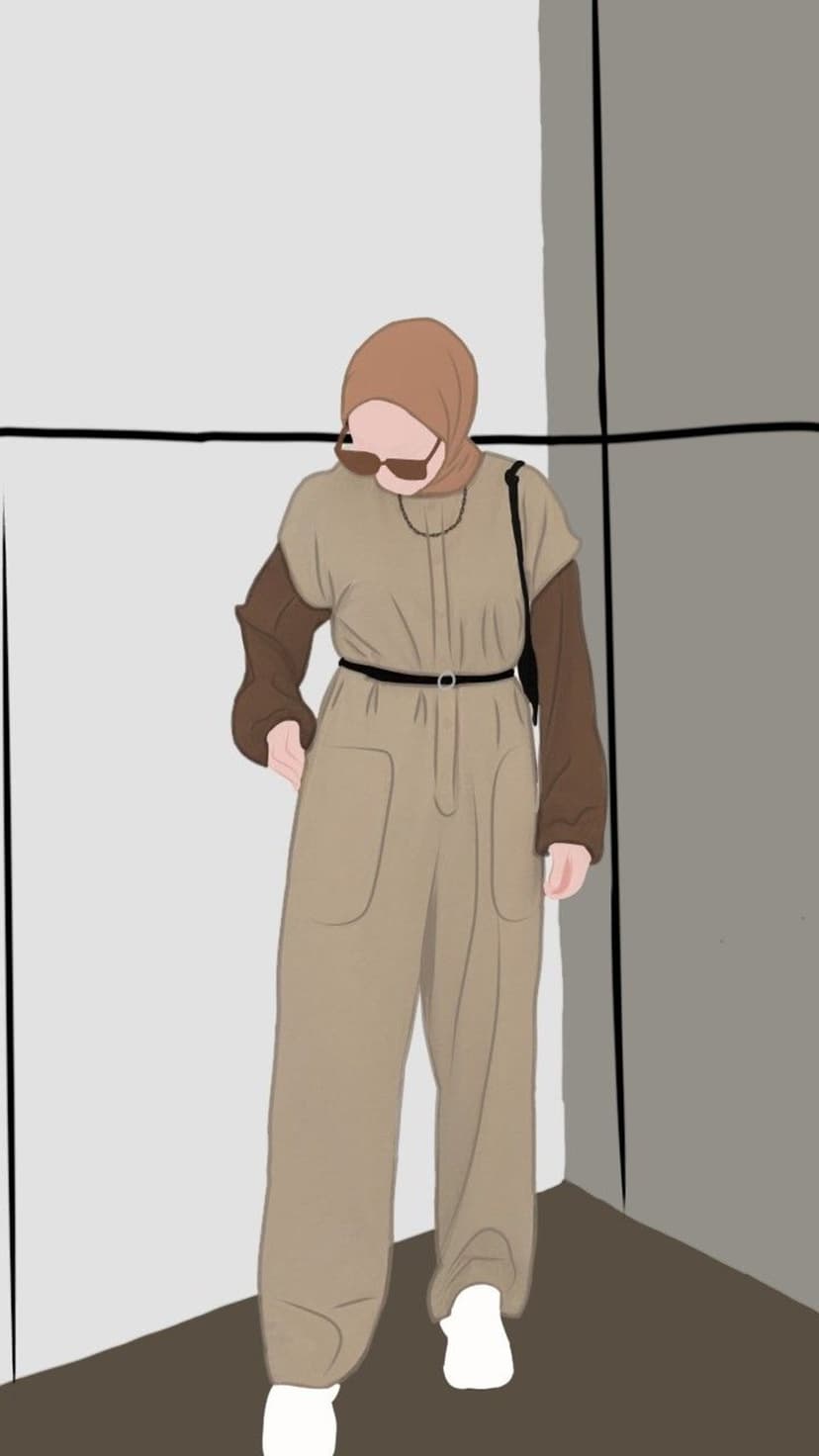 Woman wearing a beige jumpsuit and brown hijab stands before a minimalist geometric background wearing sunglasses.