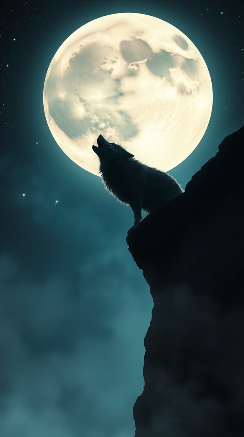 Wolf silhouettes on a rocky cliff howling toward a giant full moon in a starry night sky with clouds.