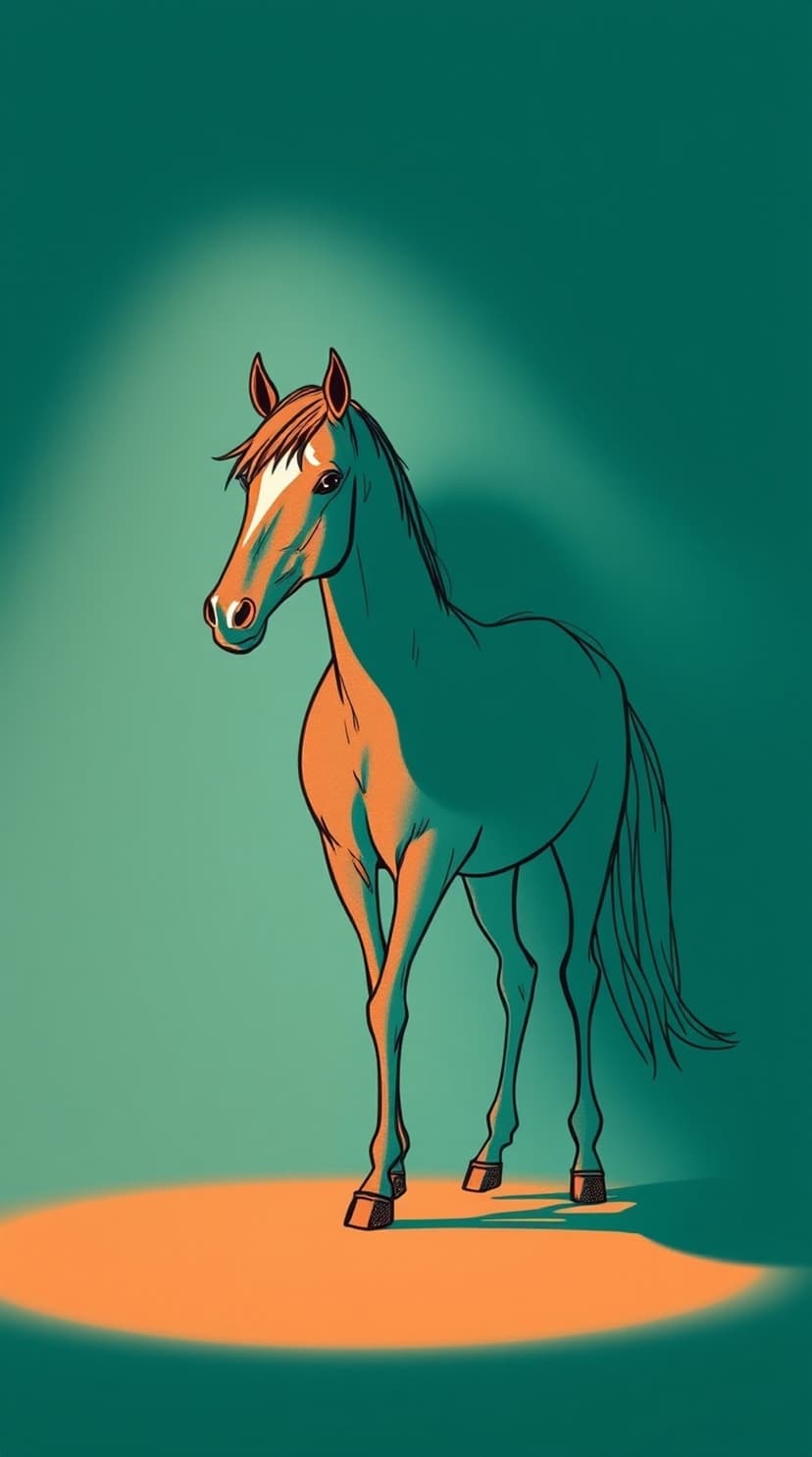 Horse standing in a bright orange circular spotlight against a solid teal background with bold black outlines.