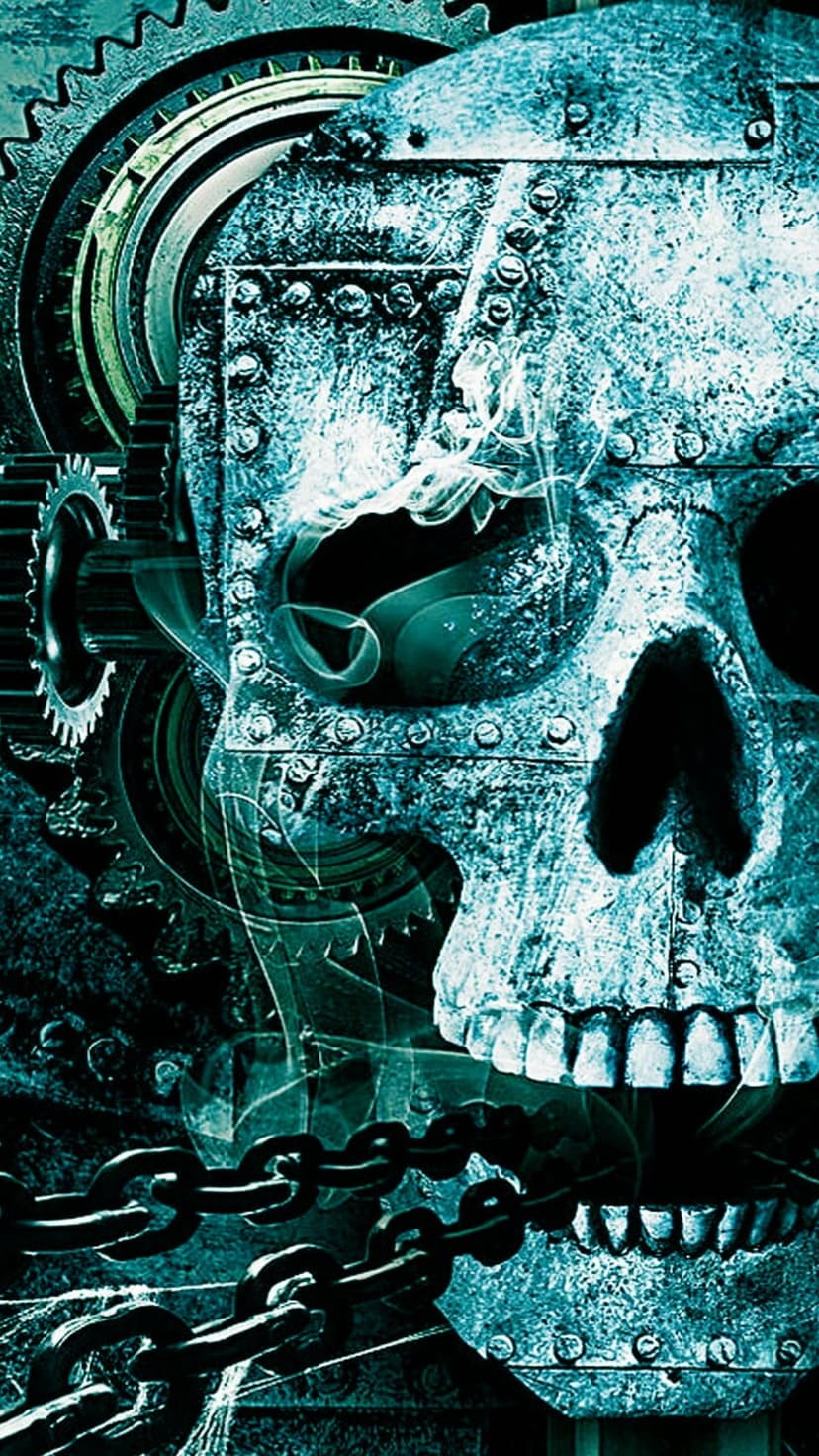 Metallic skull adorned with intricate gears and heavy chains surrounded by wisps of industrial smoke.