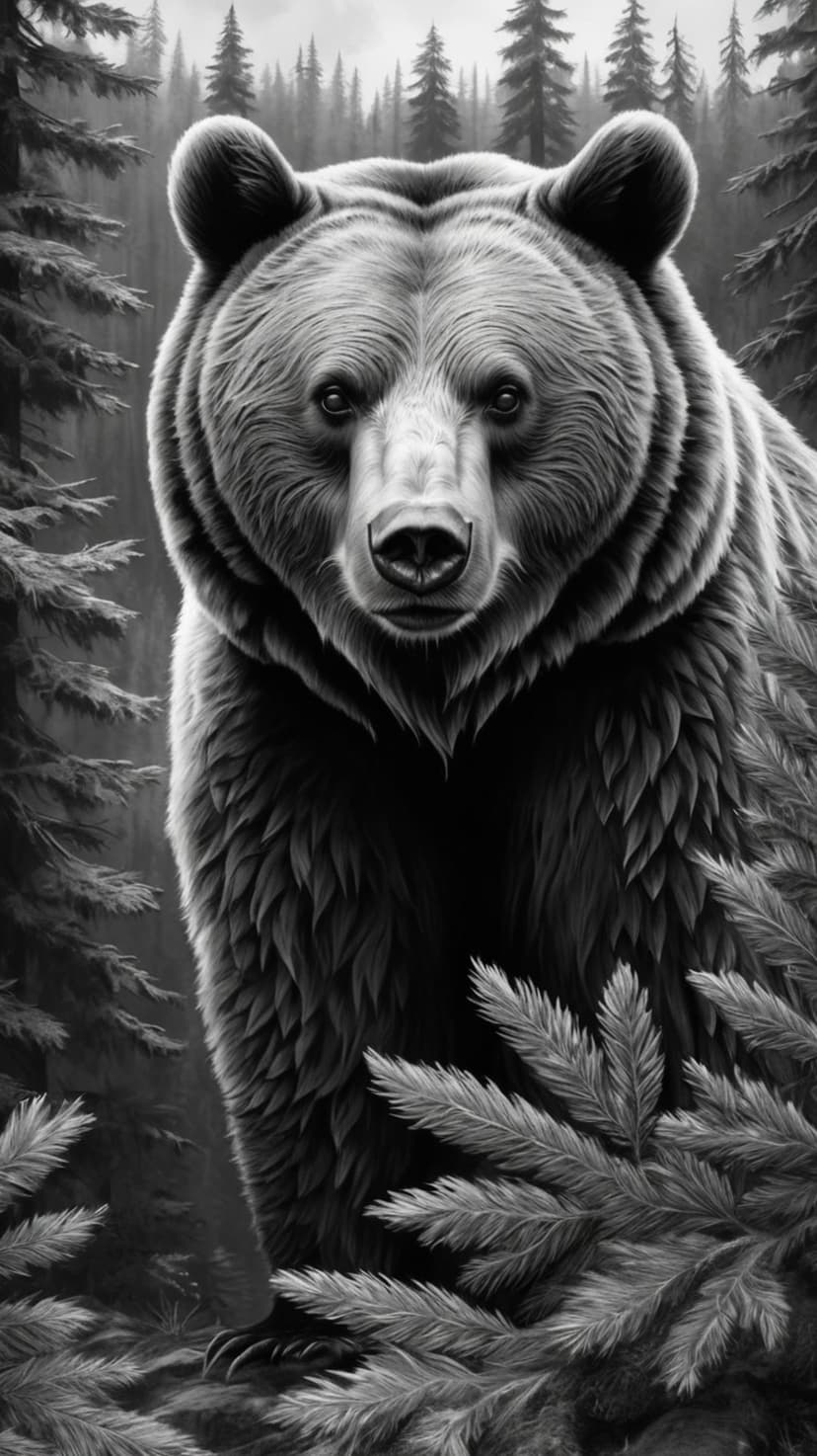 Grizzly bear with textured fur and visible claws walks through a misty black and white coniferous forest.