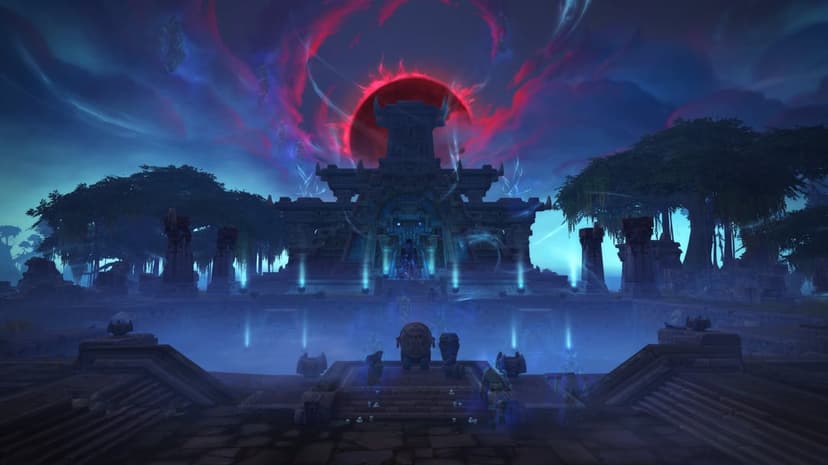 Ancient stone temple under a blood-red eclipse sky with glowing blue spirits and misty jungle ruins.