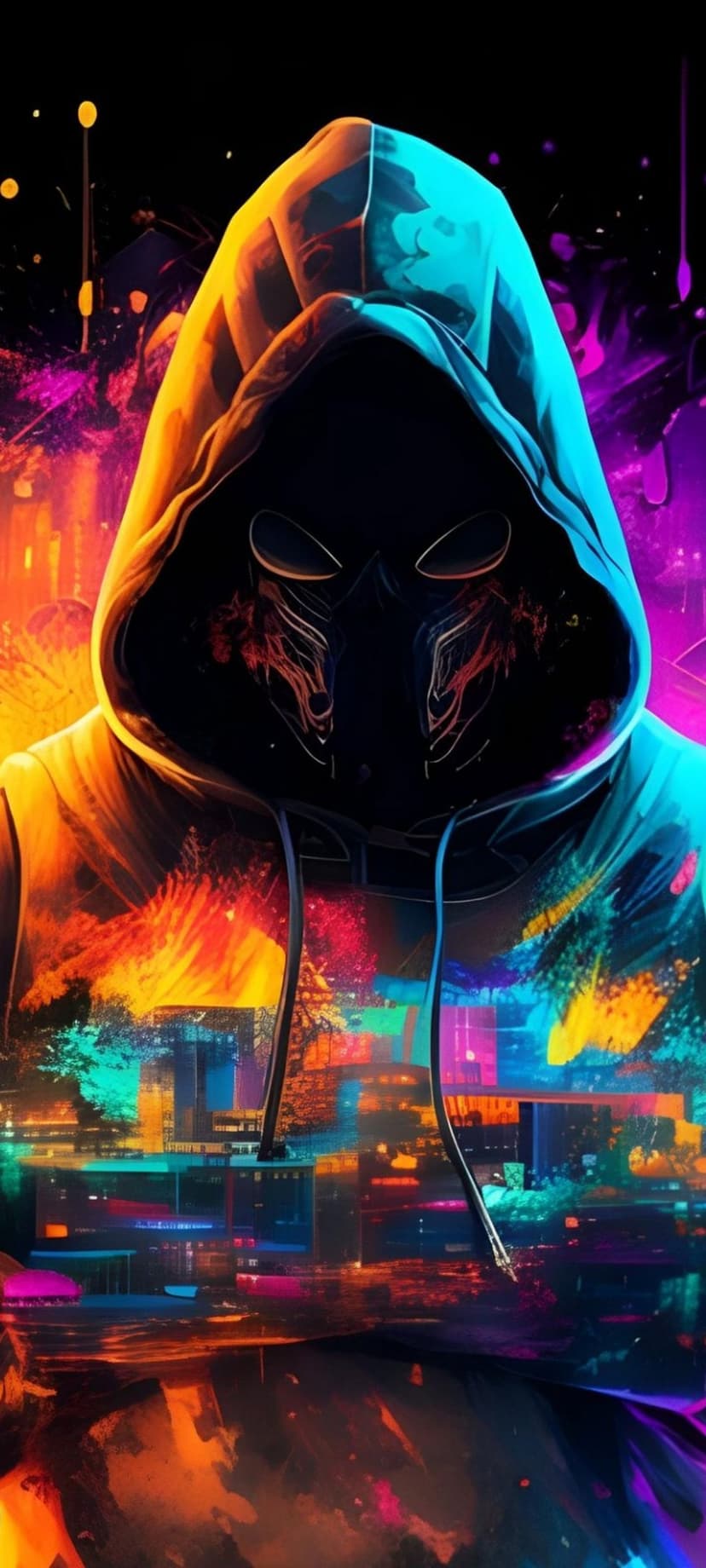 Hooded figure with a glowing mask stands against a blurred neon blue and orange futuristic city skyline.