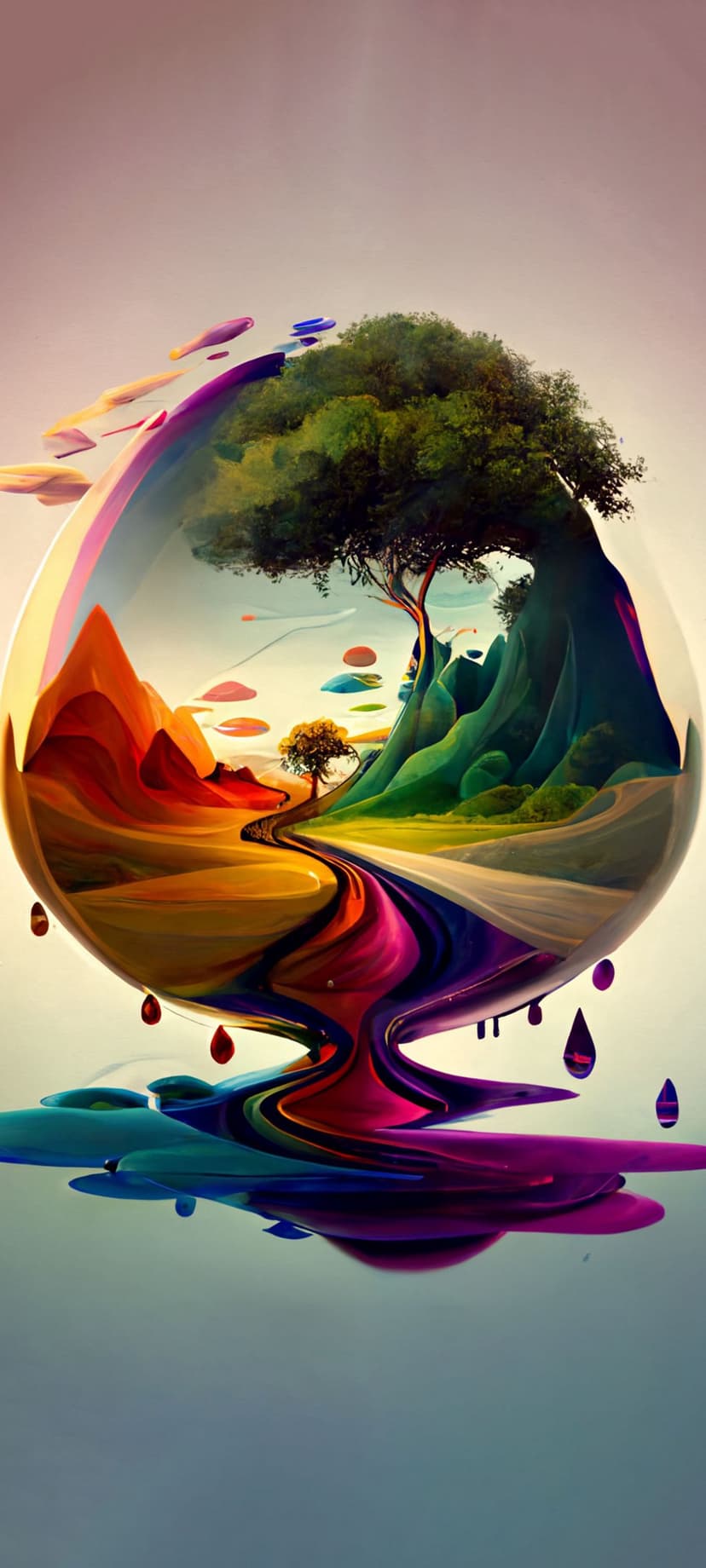 Glass egg housing a rainbow path, hills, and a tree as colorful liquid paint drips from the sphere's bottom edge.