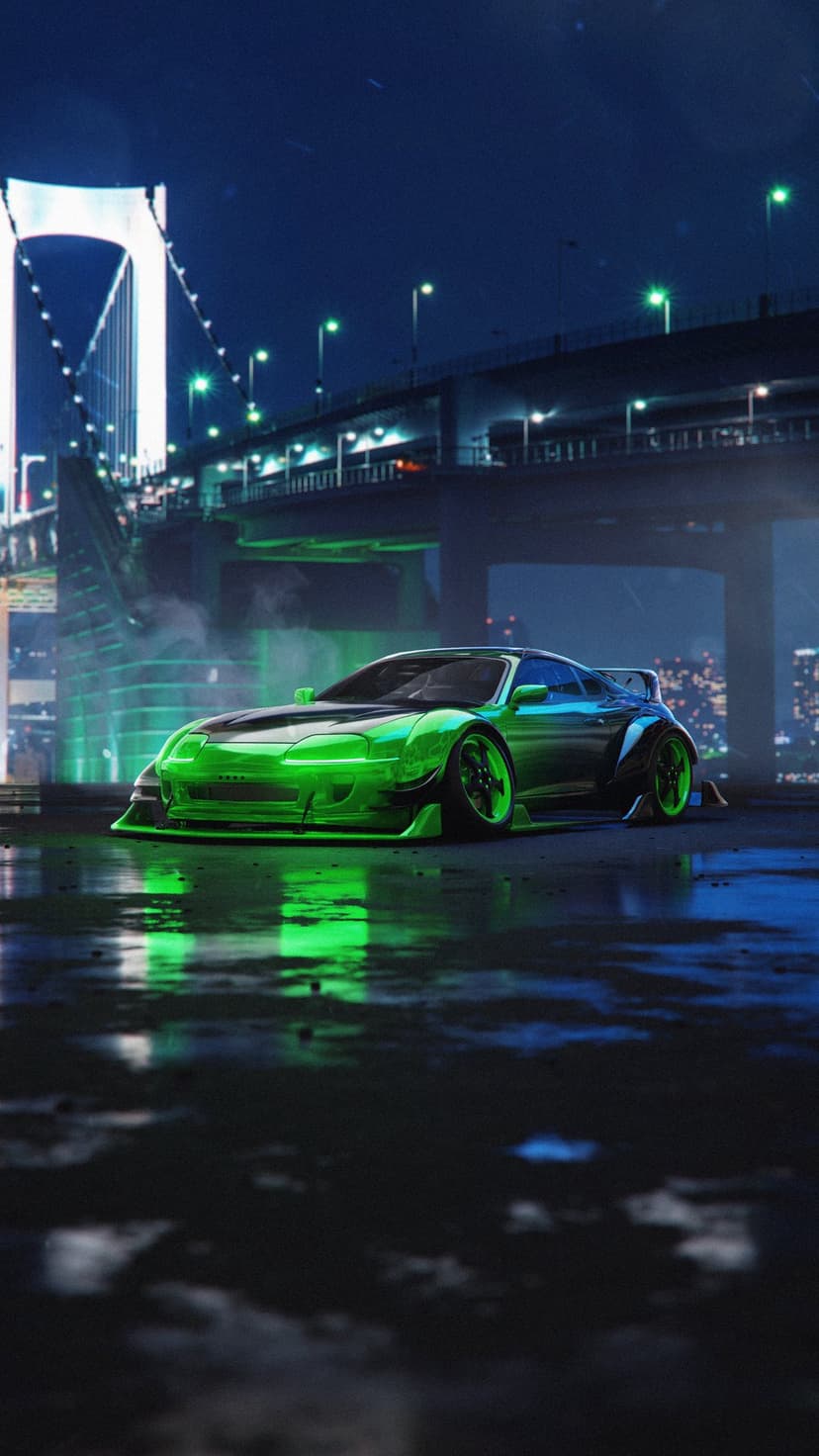 Neon green Toyota Supra with a wide-body kit parked on wet asphalt under a glowing suspension bridge at night.