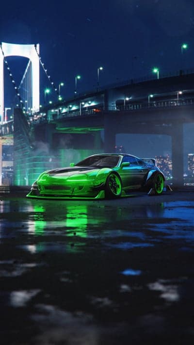 Neon Green Supra on Wet City Street at Night