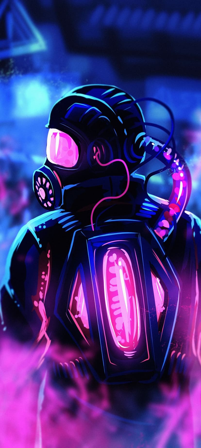 Gas masked figure wearing a glowing respirator stands against a blurry pink and blue futuristic city backdrop.