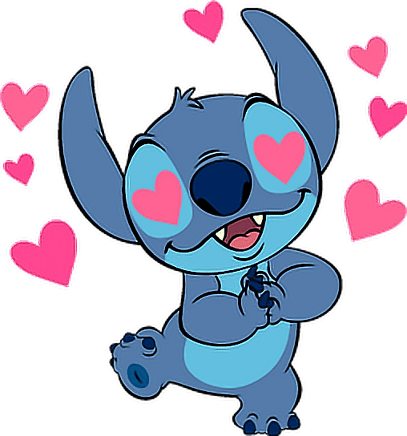 Stitch character illustration features blue fur textures and large black eyes against a transparent background.
