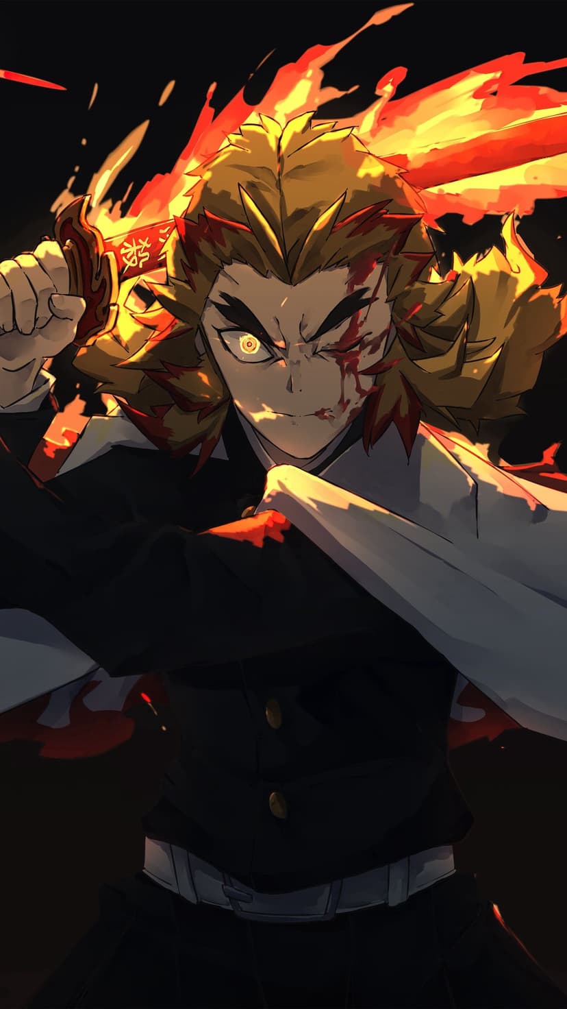 Kyojuro Rengoku grips a flaming sword with blood on his face, posed for battle against a dark backdrop.